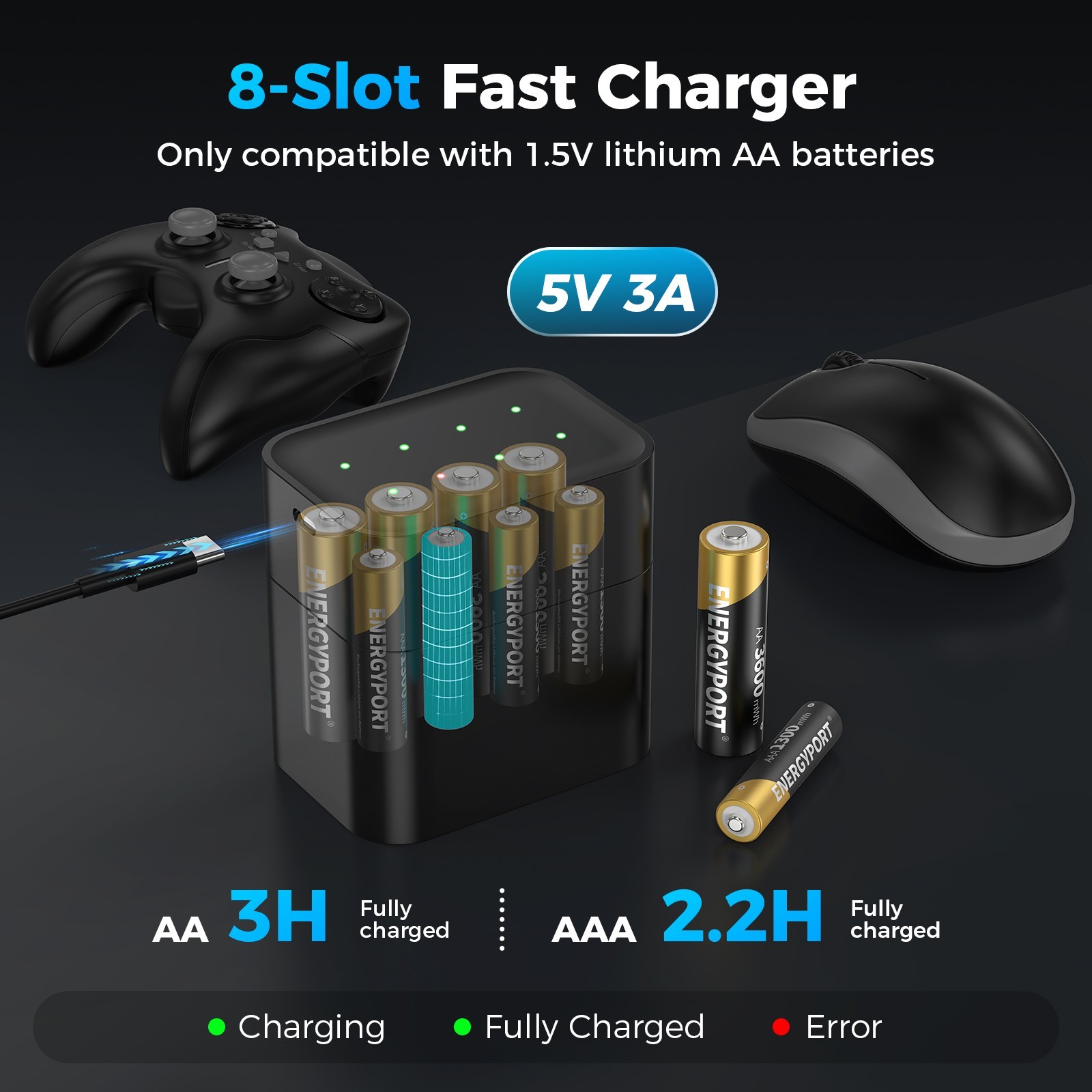 4Pcs AA + 4Pcs AAA Rechargeable Batteries Lithium 1.5V with Fast Charger Box