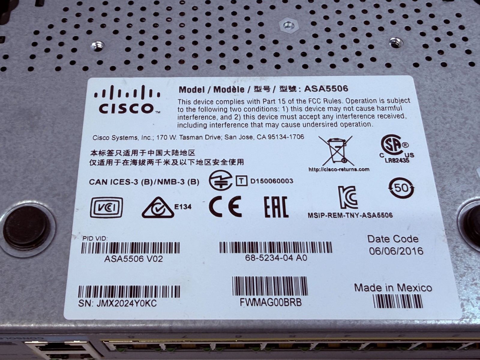Cisco ASA 5506-X Network Security Firewall Appliance- No Adapter