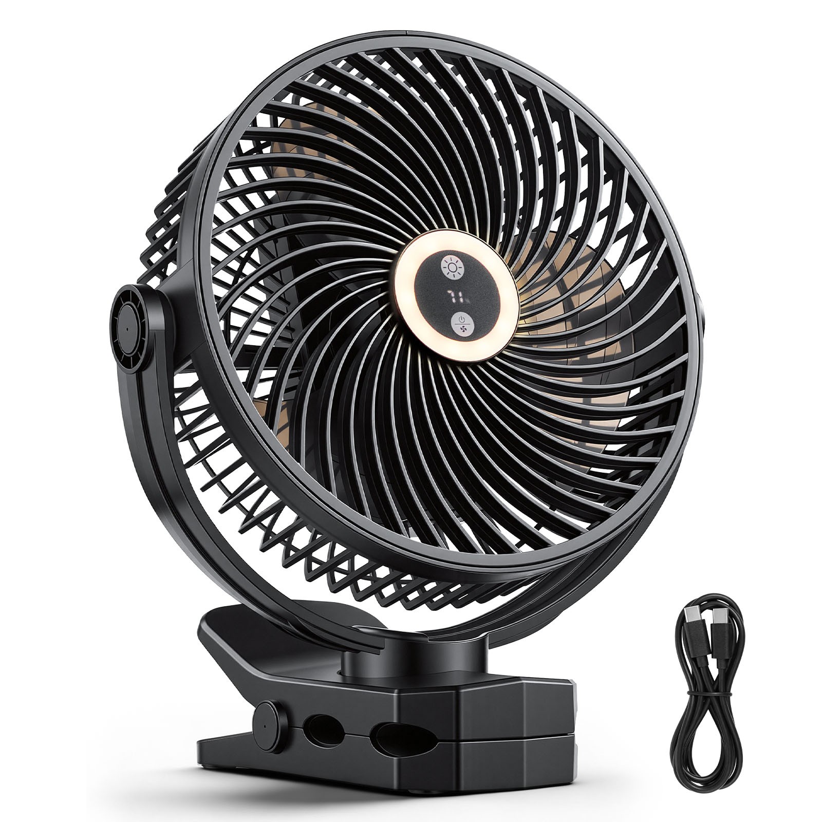VEVOR Portable Clip Fan Rechargeable with Light USB 3 Speeds Strong Clamp Black