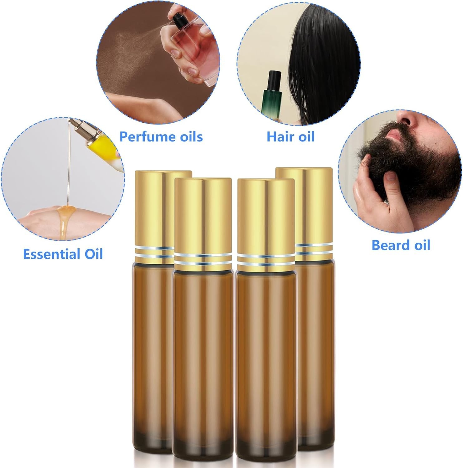 4 Pack Refillable Amber Glass Essential Oil Roller Bottles 10ml Leak-Proof