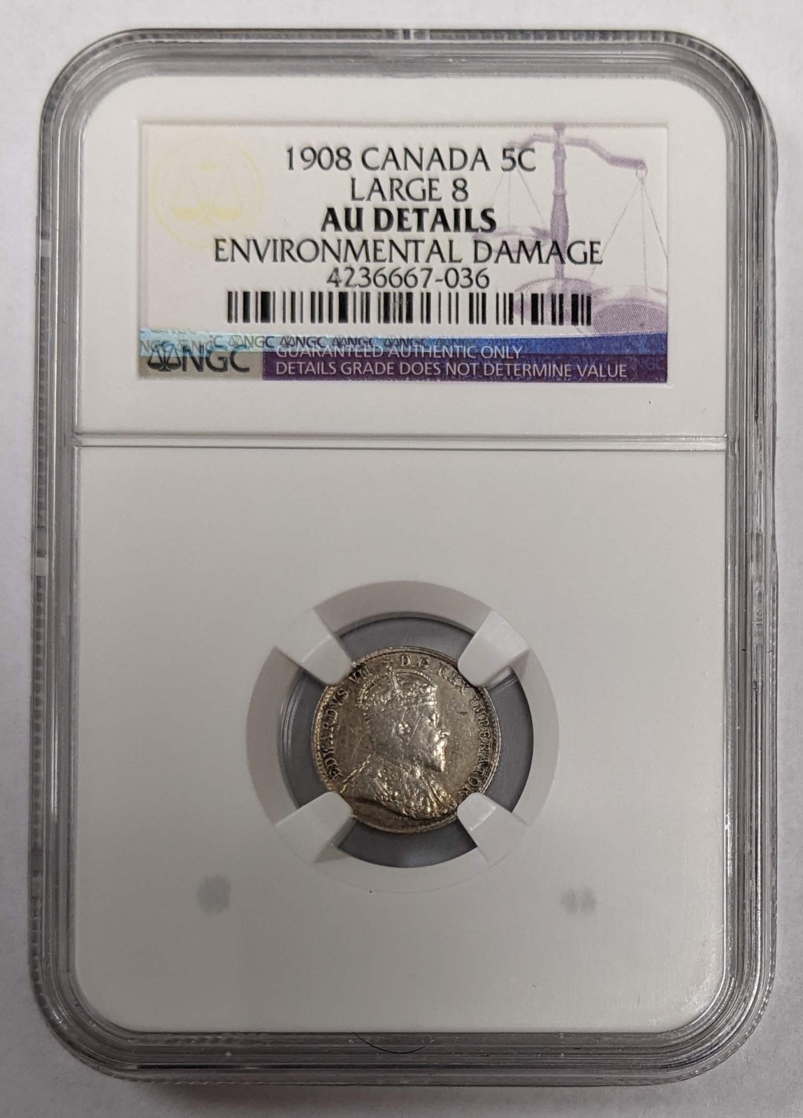 1908 Canada 5c Large 8 AU Details