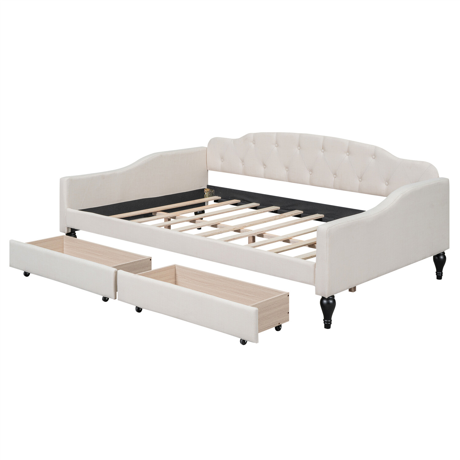 Full Size Daybed Upholstered Bed Frame Sofa Bed with 2 Storage Drawer Beige US