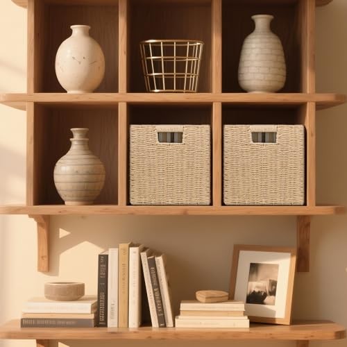 Wicker Storage Baskets for Organizing, 3 Pack Rustic Foldable Natural 11 inch