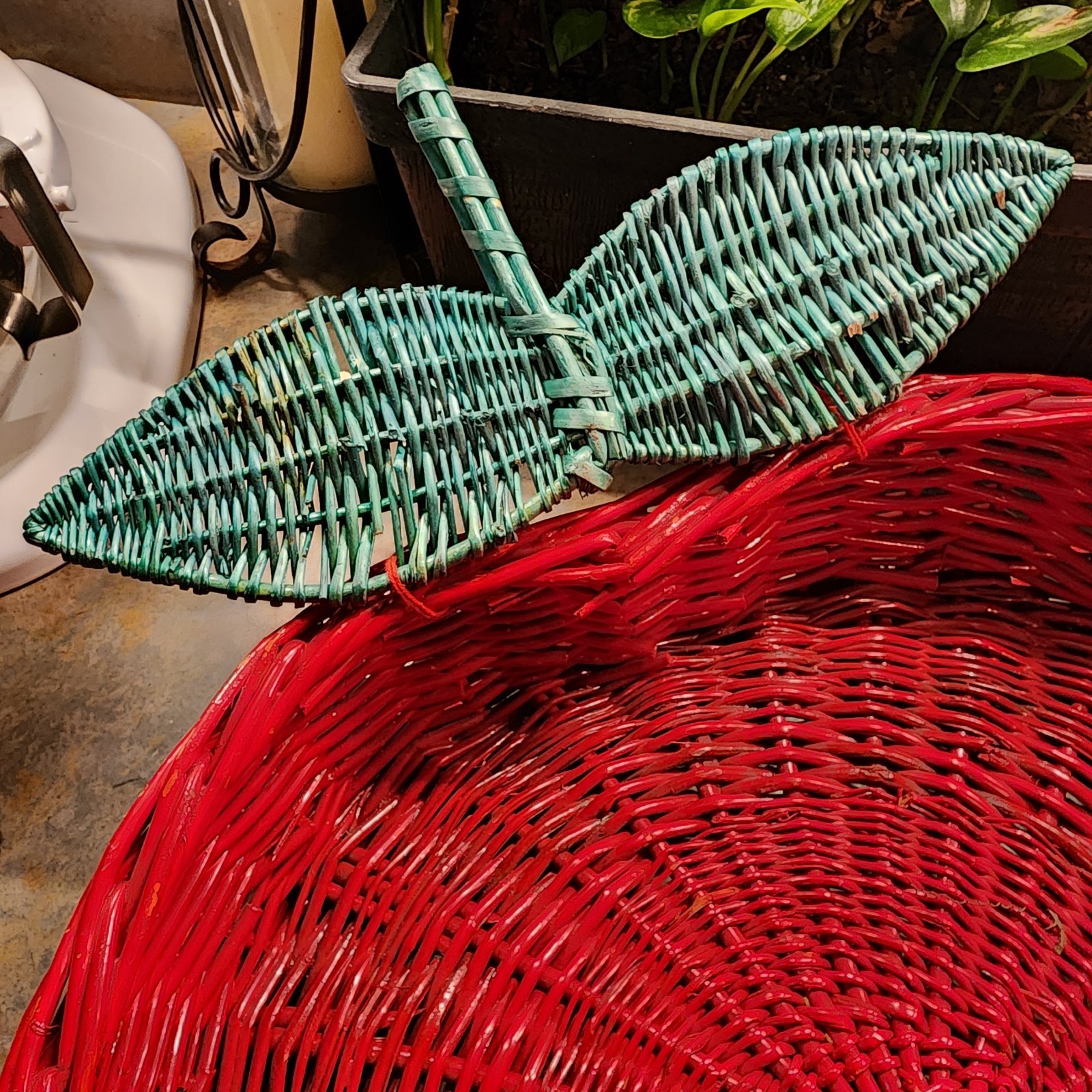 Vintage Red Wicker Apple Shaped Large Basket With Green Stem, Serving