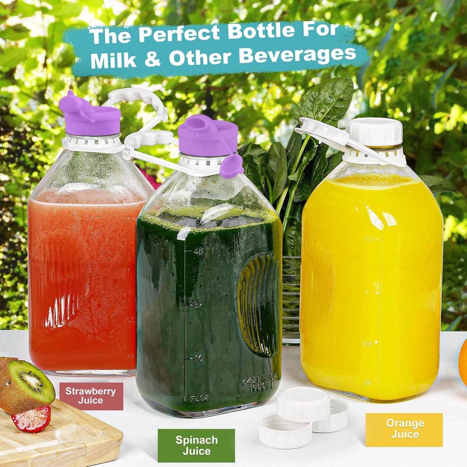 2 Pack 64 Oz Heavy Duty Glass Milk Bottle with 1 Silicone Spout and 3 Reusable A