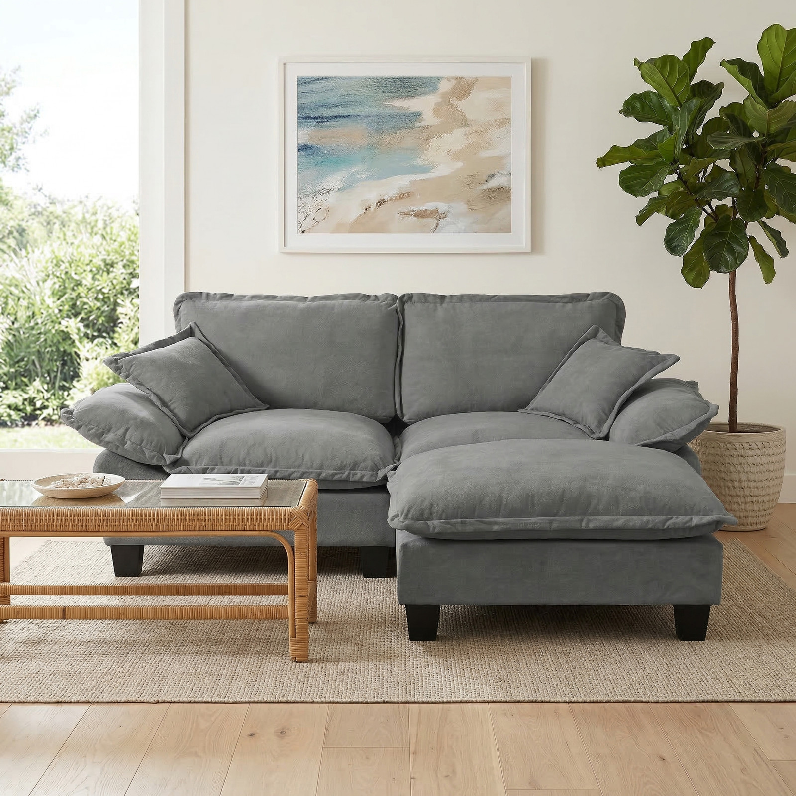Modular Sectional Sofa, Cloud Couch with Sailboat Design, 1 Movable Ottomans & 2
