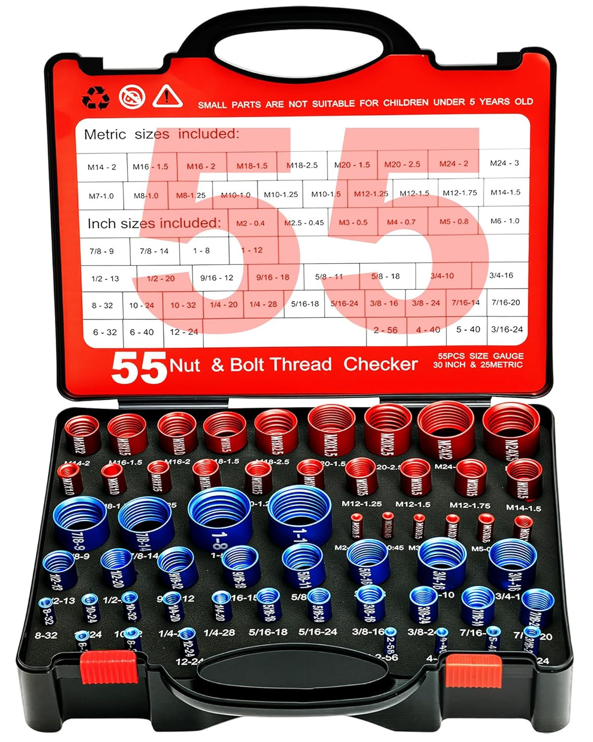 55PCS Nut & Bolt Thread Checker Metric SAE Thread Gauge Set Size Finder