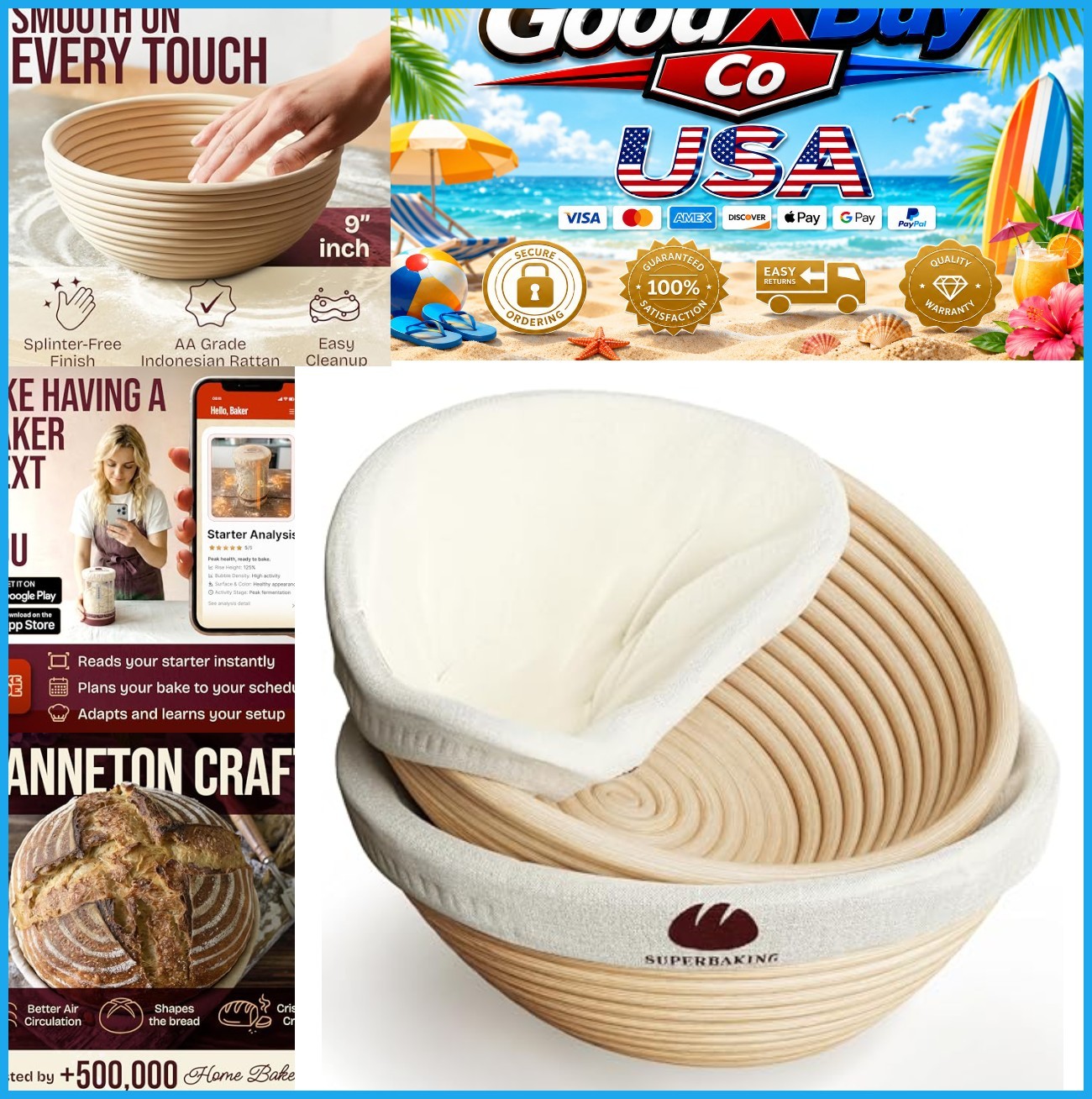 Sourdough Starter Kit 2 Pack 9" Round Bread Proofing Baskets Rattan Set New