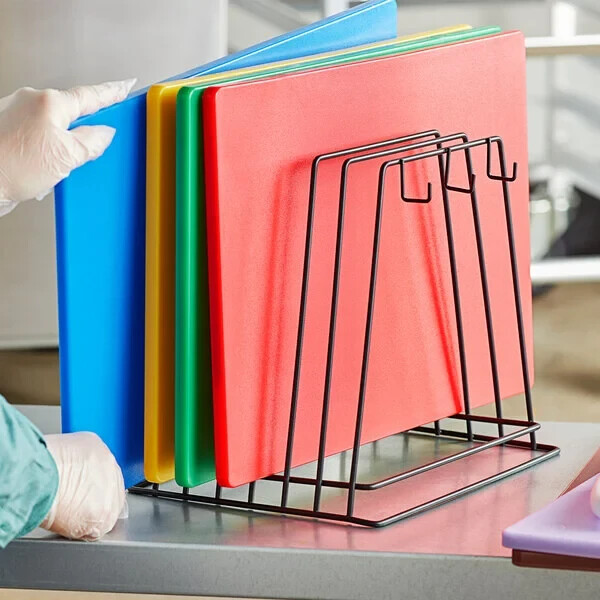 6-Slot Black Wire Cutting Board Storage Rack with Hooks
