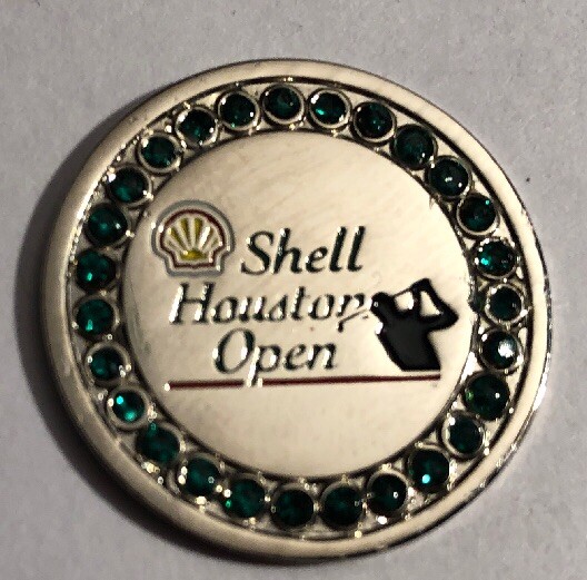 Shell Houston Open ,Emerald rhinestone golf ball marker. 1 inch metal.