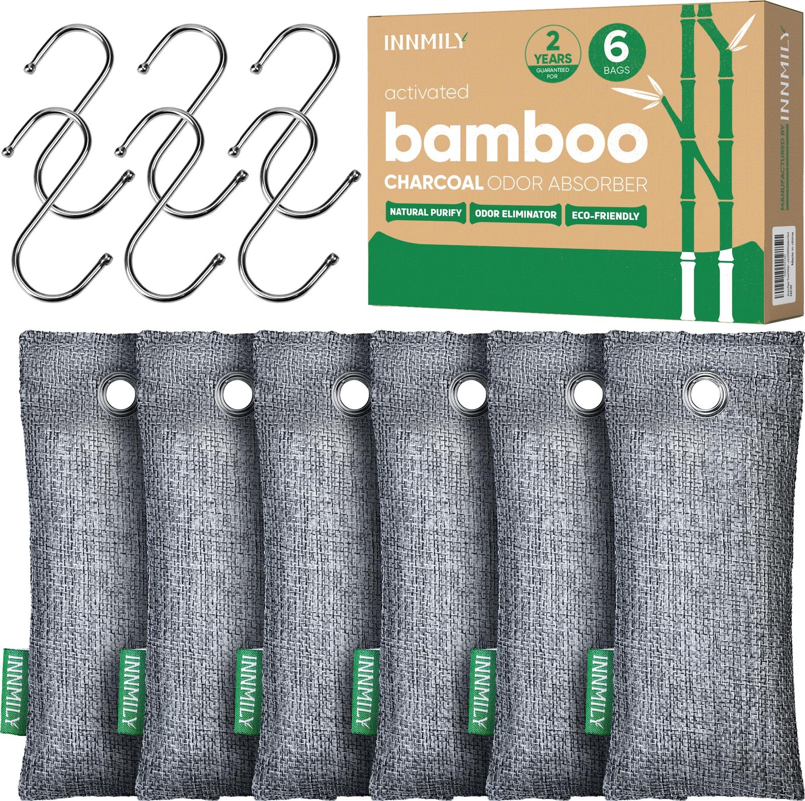 Activated Charcoal Odor Absorber,6 Pack 1 Count (Pack of 6), 6P with Hooks