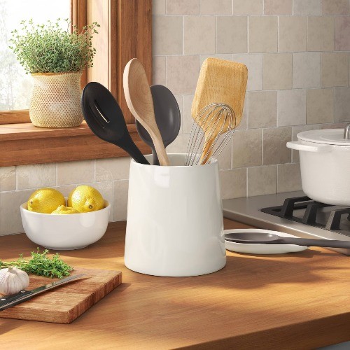 Aralia White Ceramic Utensil Holder Cream