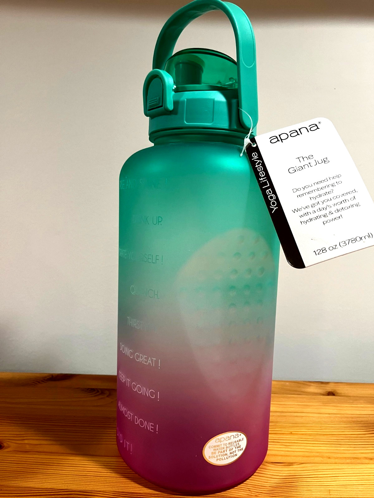 Apana The Giant Jug  128oz/3800ml Yoga  Lifestyle Plastic Water Bottle:Brand New