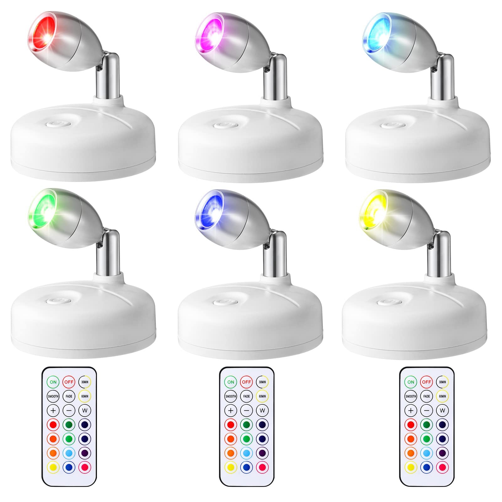 Hortsun 6 Pack 13 Color Battery Operated LED Spotlights Indoor RGB Wireless S...