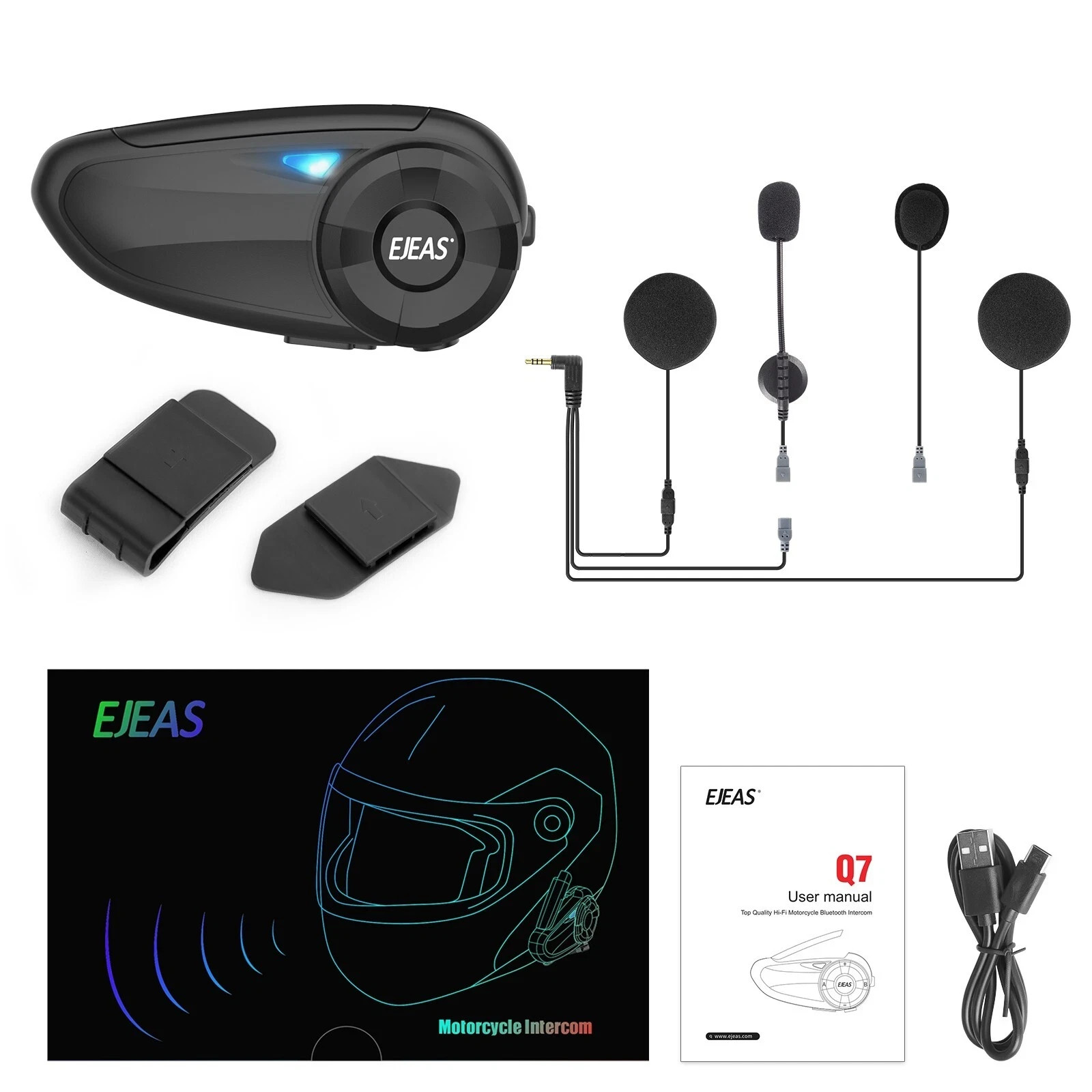 EJEAS Q7 Bluetooth Riding Motorcycle Intercom with Headset EUC Handle. New