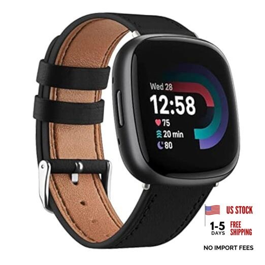 Leather Bands Compatible with Fitbit Versa 4 Bands/Fitbit Versa 3 Black