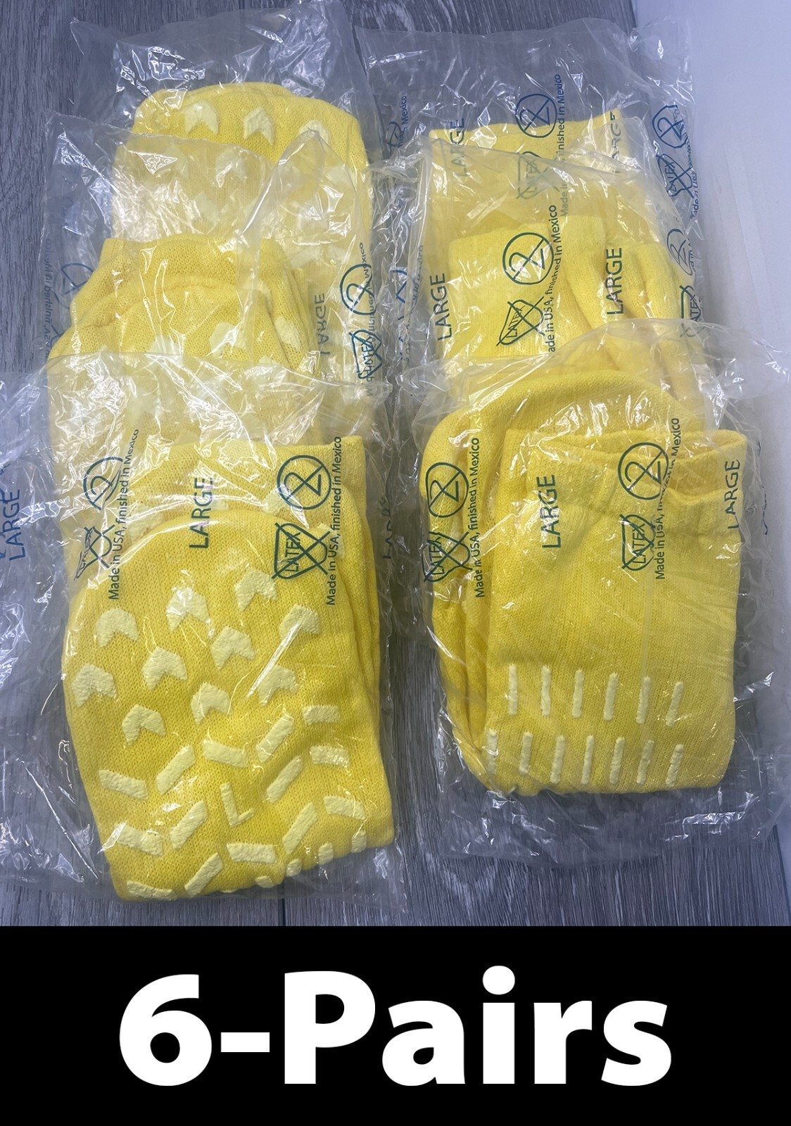 6pk Confetti Treads Hospital Non-Skid No-Slip Socks, Yellow Size Large