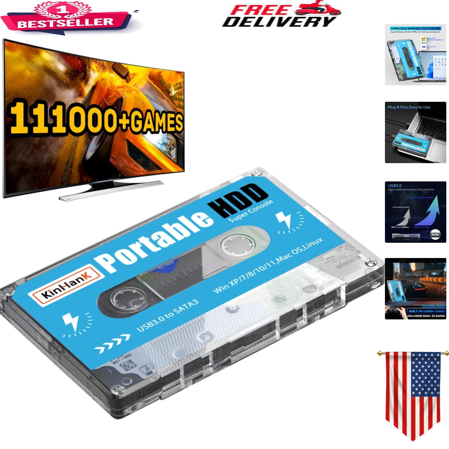 Portable 500G Game Hard Drive with 111000 Games & Batocera 33 System