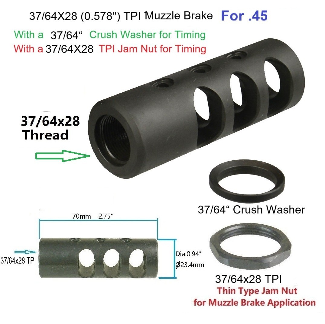 All Steel Compensator Muzzle Brake 37/64x28 TPI (.578-28) Thread For .45/.40
