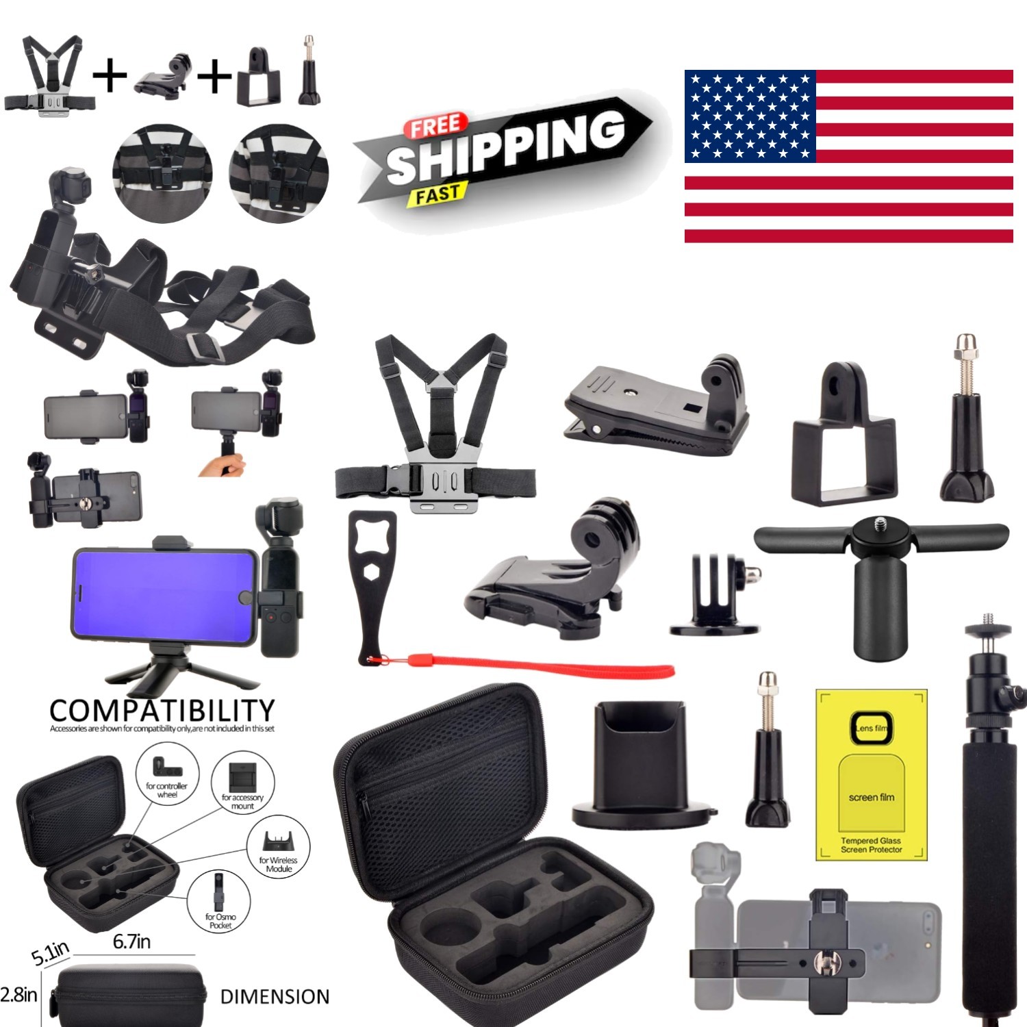 Complete Accessories Set for Dji OSMO Pocket and Pocket 2 with Screen Protectors