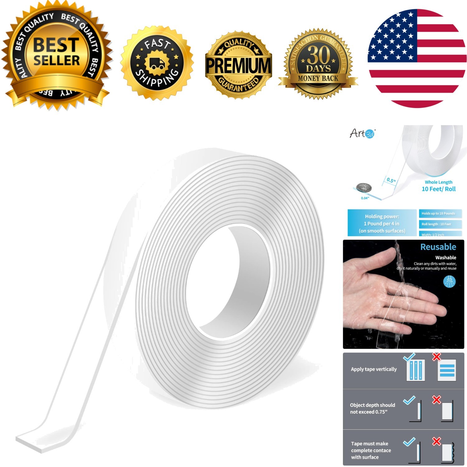 Multipurpose Double-Sided Mounting Tape 10FT for Indoor Use - Strong Adhesion