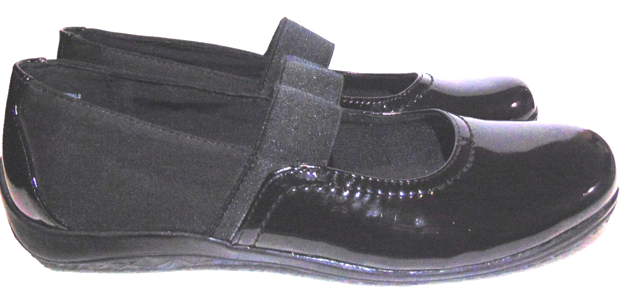 LAURA SCOTT JOY WOMENS BLACK PATENT MARY JANE SHOES VEGAN SLIPON FLATS STRETCH~7