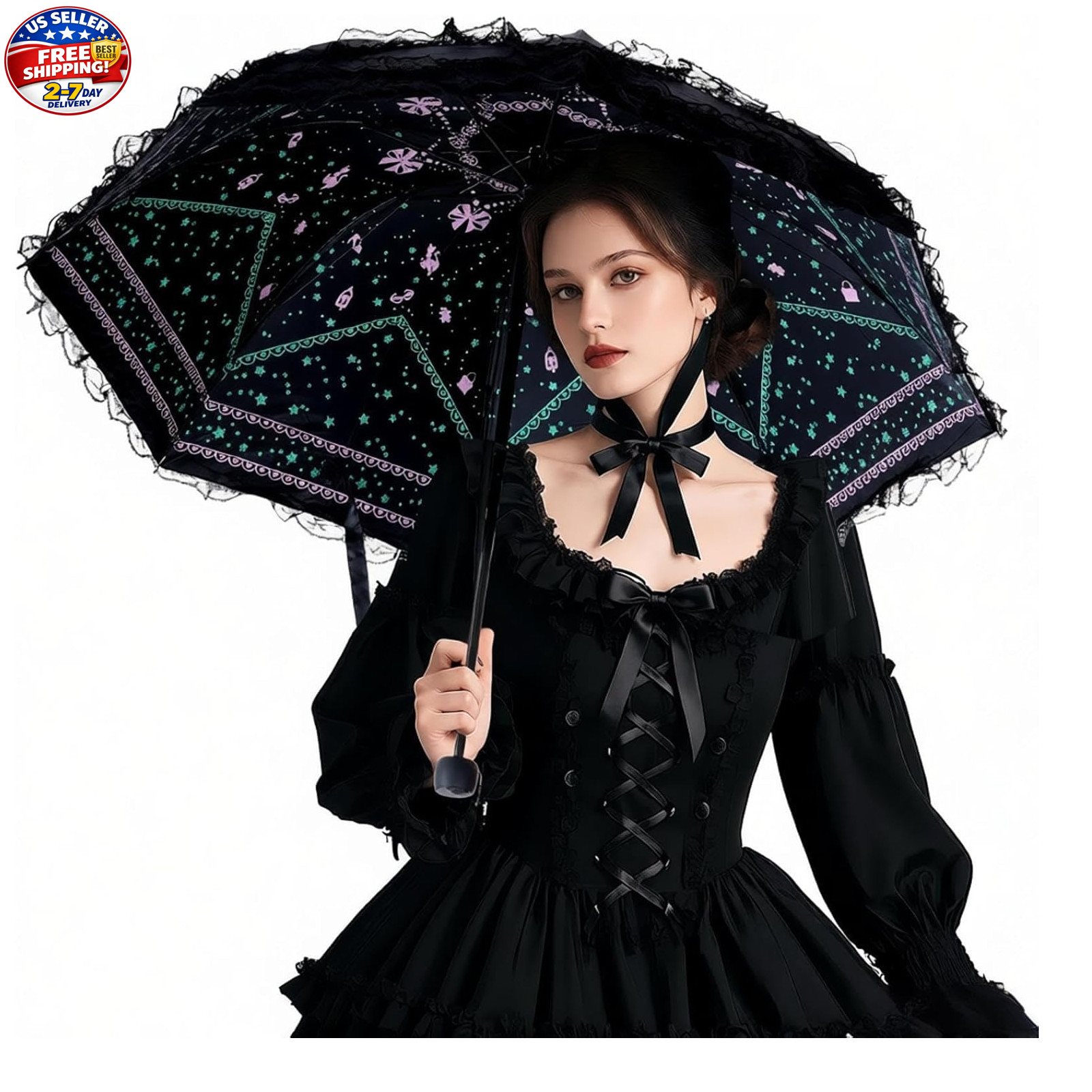 Gothic Parasol Sun Umbrella UV Protection Foldable for Women Cosplay Photoshoot