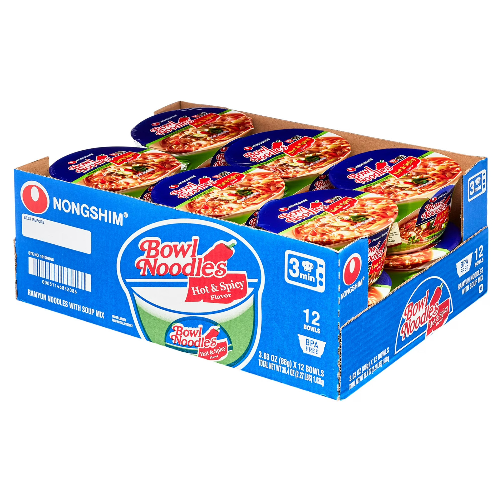 Nongshim Bowl Noodle Hot & Spicy Ramen Noodle Soup Bowl, 3.03oz X 12, Shelf-Stab