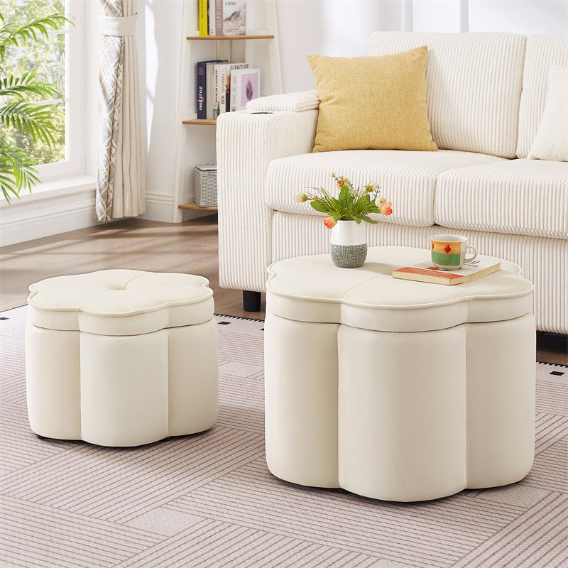 Set of 2 Flower Shape Storage Ottoman,Upholstered Velvet Storage Ottoman Bench