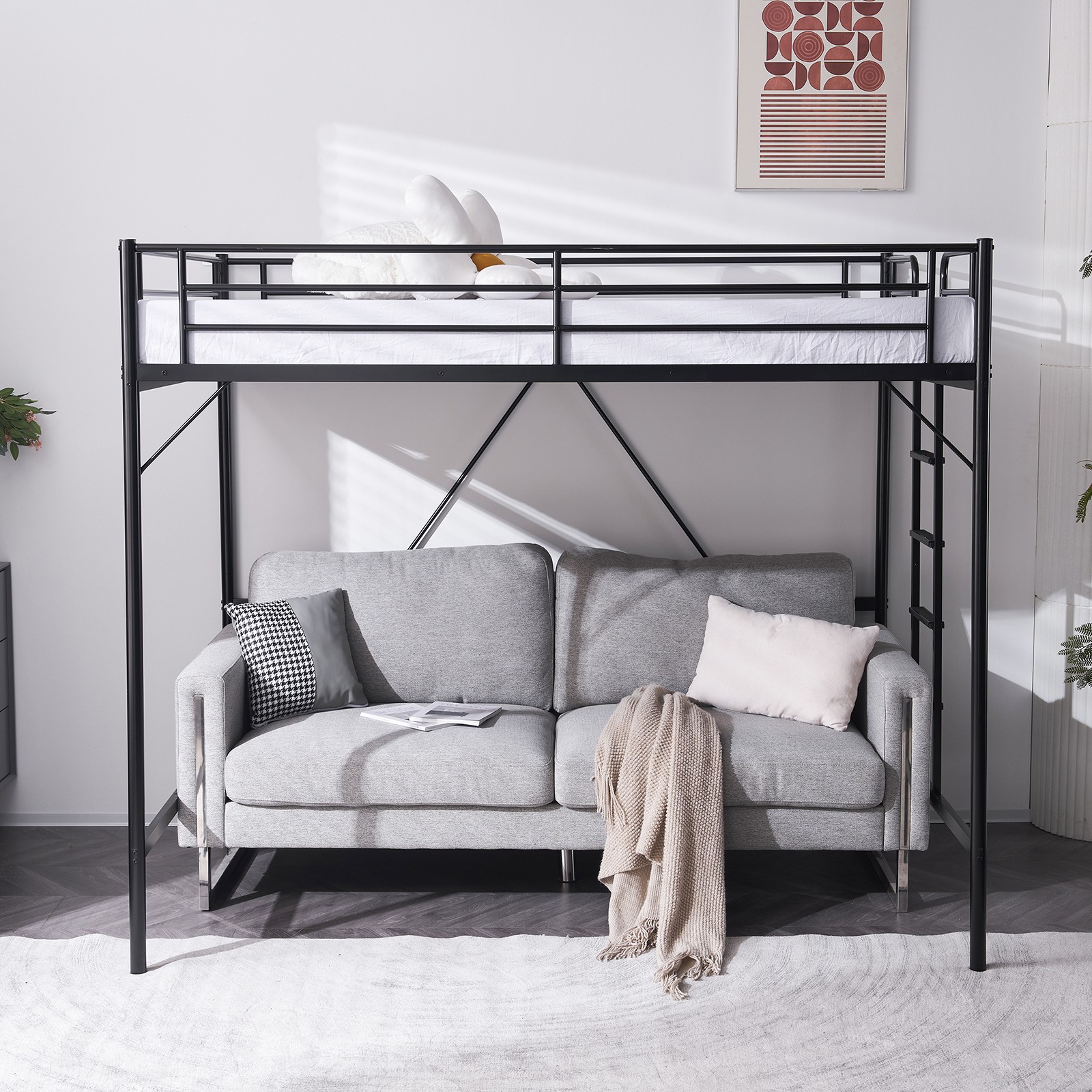 Full Metal Loft Bed Frame for Kids Adults Teens Space-Saving Design Black
