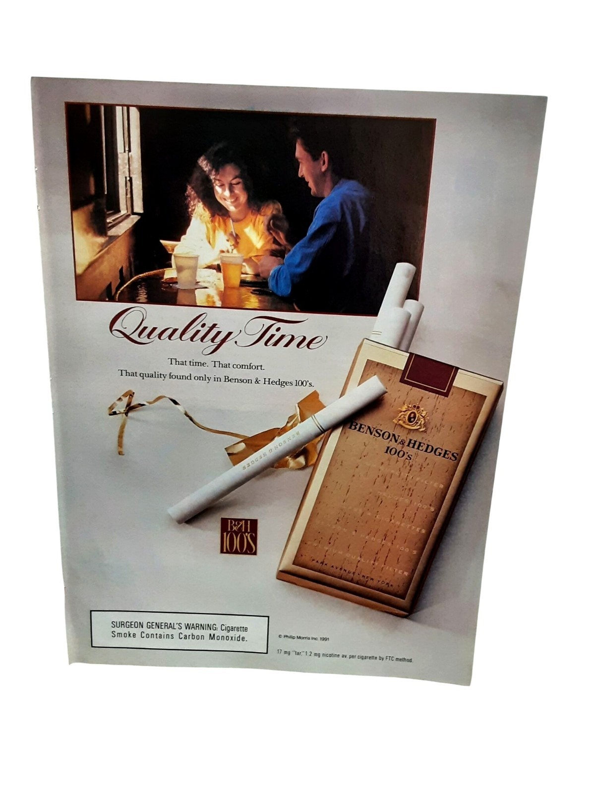 1991 Benson and Hedges Vintage Print Ad Quality Time