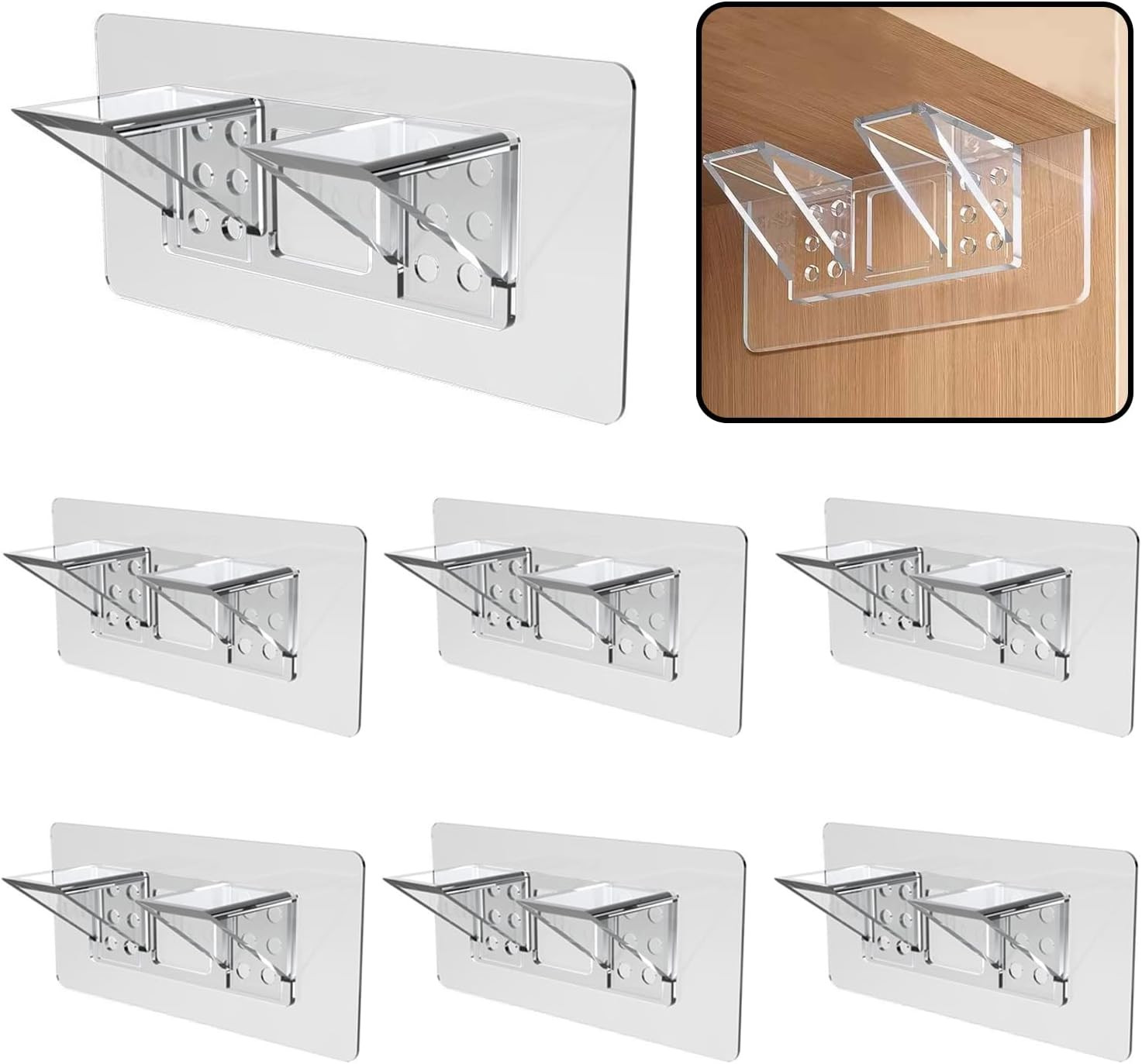 6-Pack Heavy-Duty Adhesive Shelf Brackets, Large Size Double Row Brackets, No-Dr