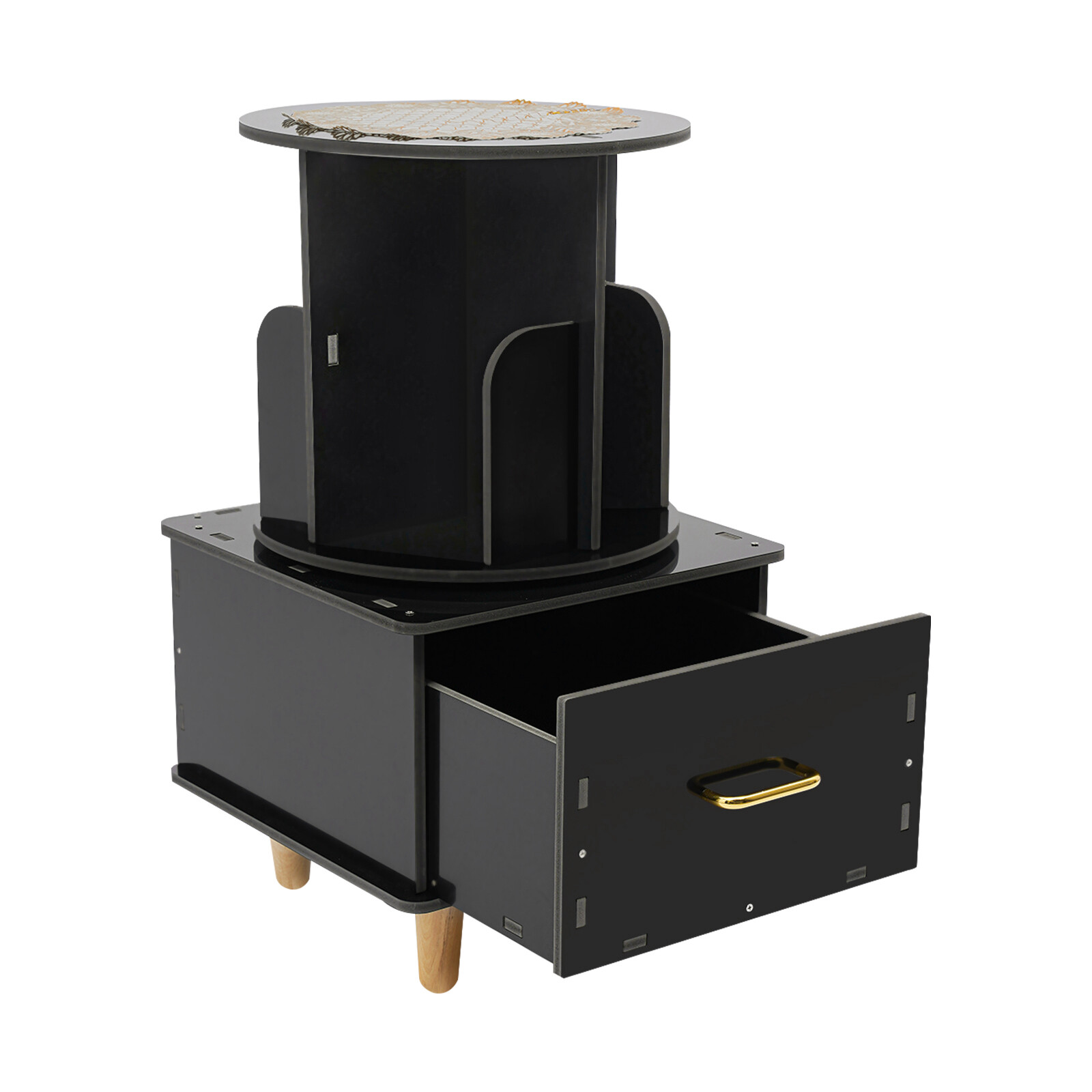 Modern Bedside Table with Drawer Corner High End Table Black Rotating Bookshelf