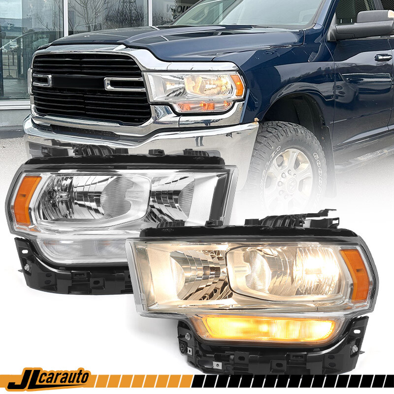 Pair For 2019-2024 Ram 2500 3500 Chrome Halogen Headlights Headlamps w/ Bulbs