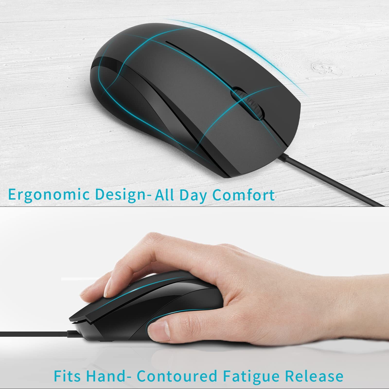 RAPOO Silent Wired Mouse 1000 DPI 5ft Cord Quiet Button Optical Computer Mouse
