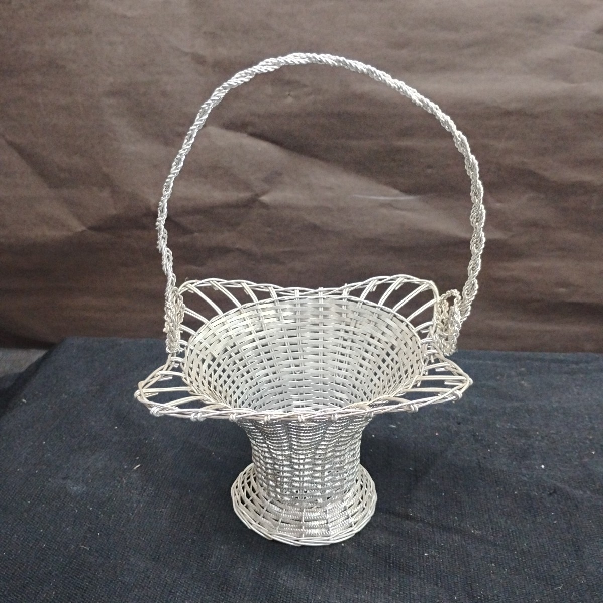 Vintage 9" Woven Aluminum Wire Basket With Handle