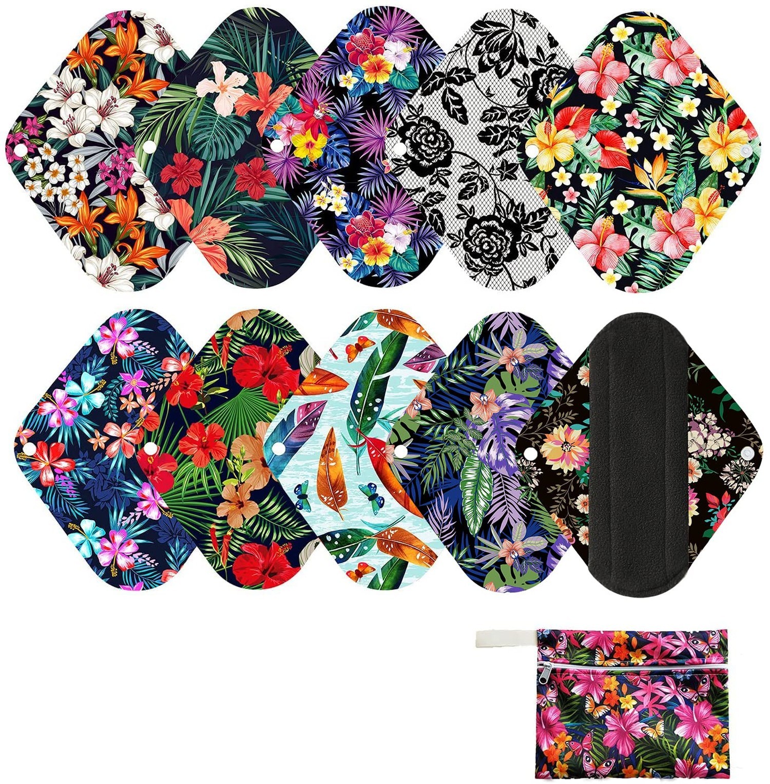 10 Pcs Reusable Menstrual Pad Set Including 1Pc Mini Wet Bag + 9Pcs Light Flo...