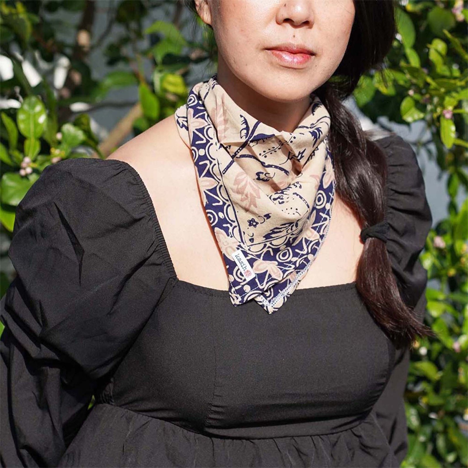 Batik Bandana Woven Meadow, Cream Blue, 100% Cotton, Hand Dyed Hair Cover Scarf