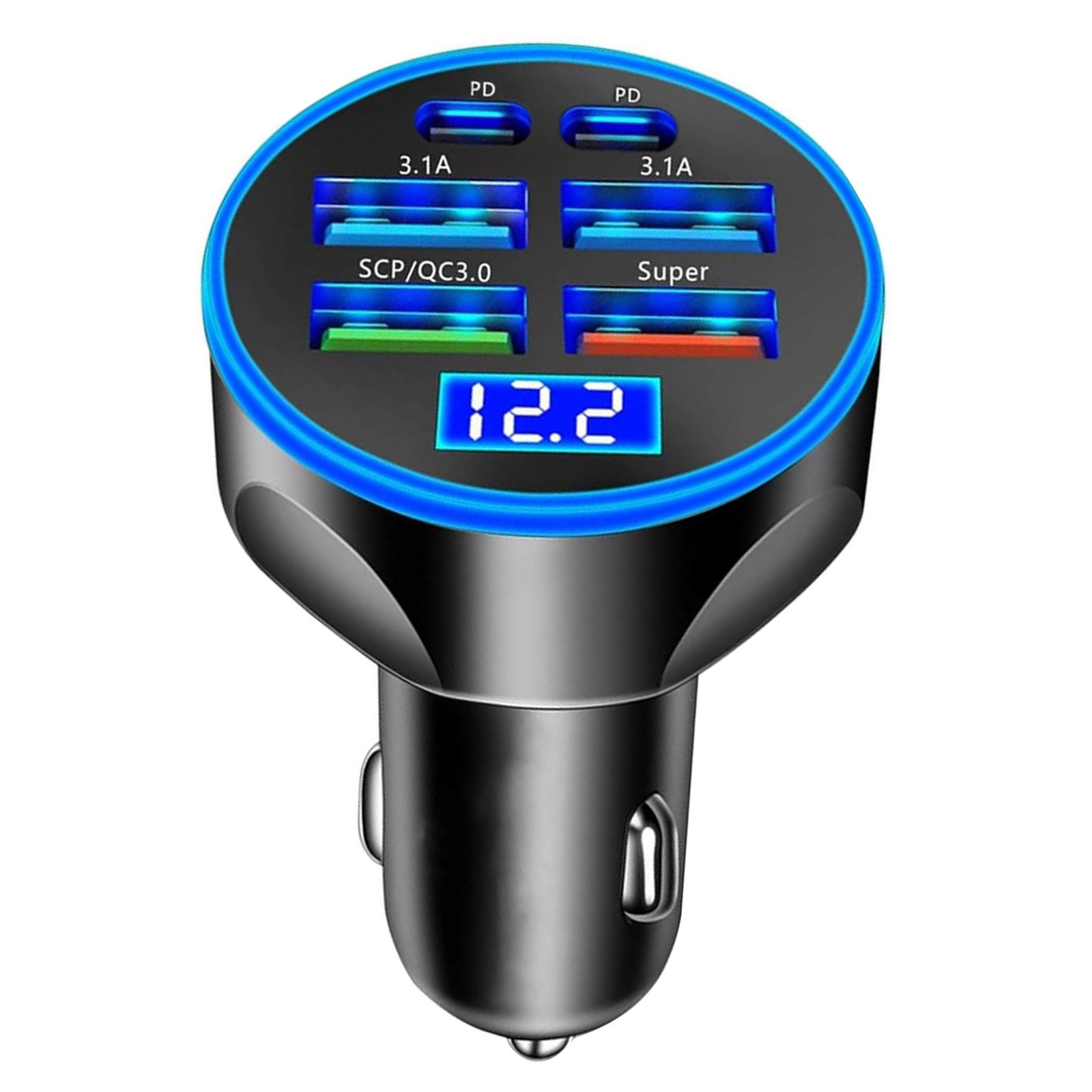 6-Port Car Charger with Temperature Control Fast Charging for 12-24V Vehicles