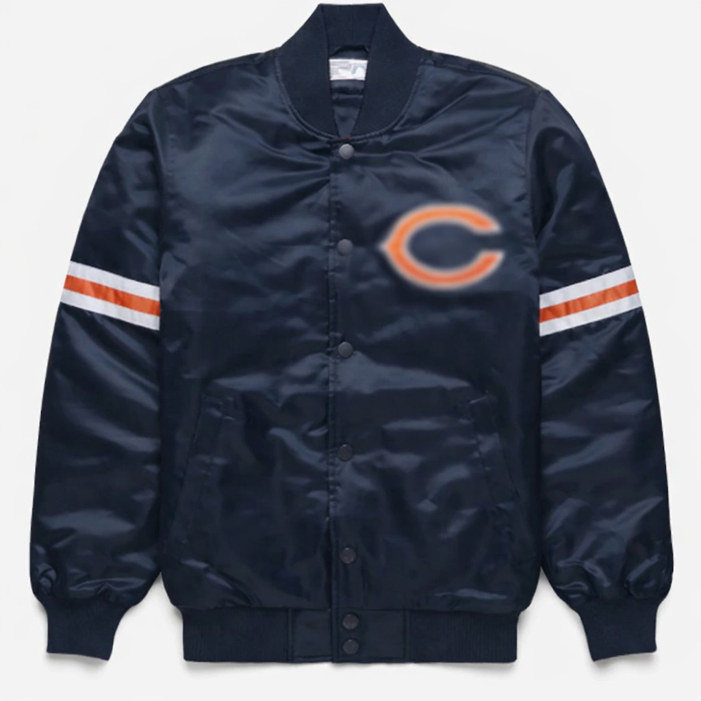 Chi-cago Be-ars Full-Snap Navy Blue Satin Varsity Bomber Football Jacket