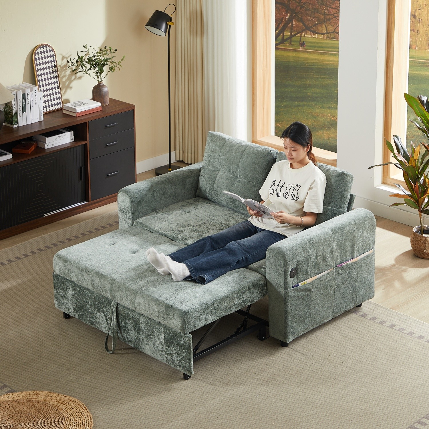 Chenille Sleeper Sofa Bed Loveseat Convertible with Pull Out Bed & USB Port