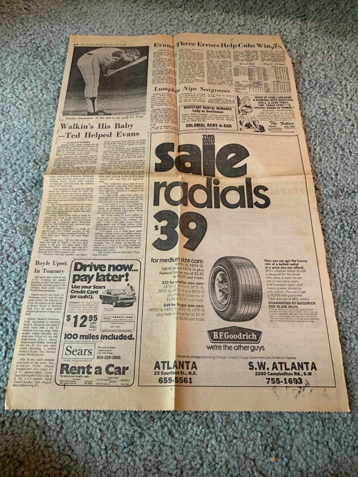 1974 Atlanta Braves Darrell Evans Constitution Newspaper Baseball Sports Page