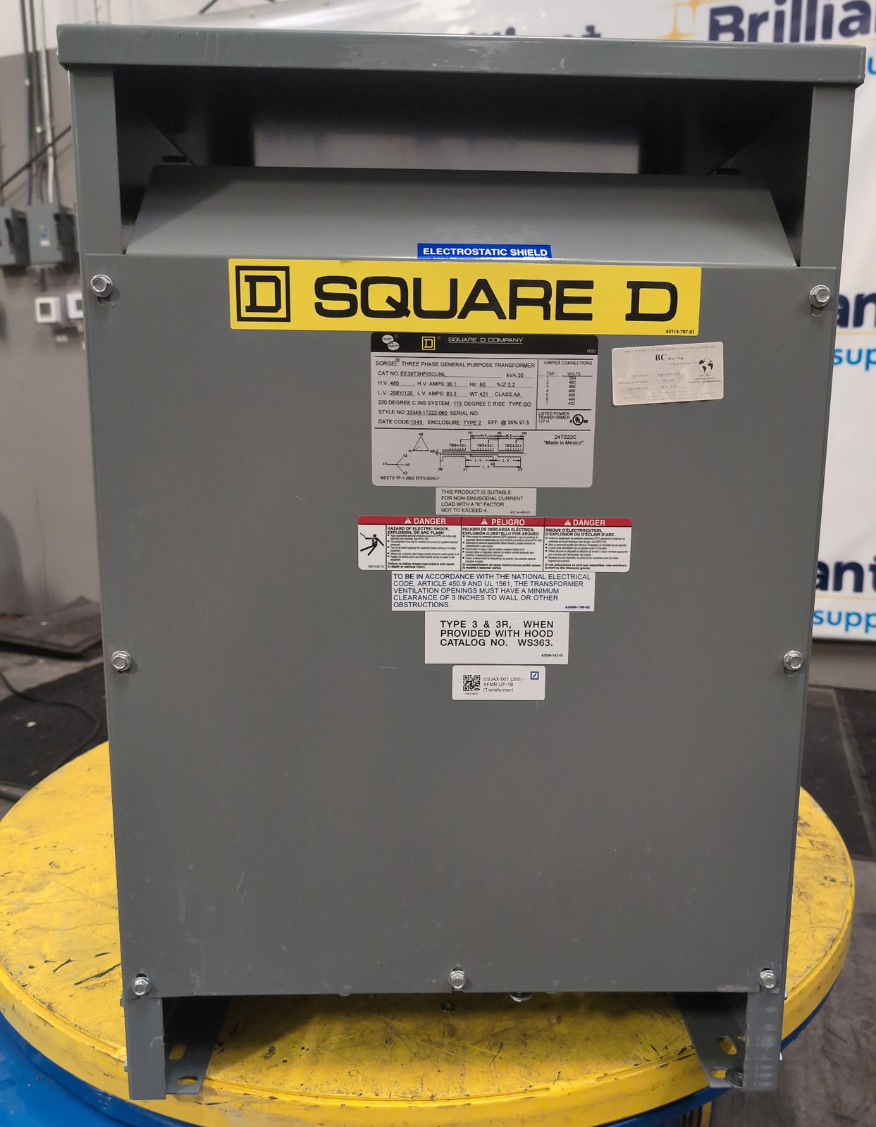 Square D EE30T3HFISCUNL 30kVA Dry Type Transformer 480V/208-120V NEMA 2