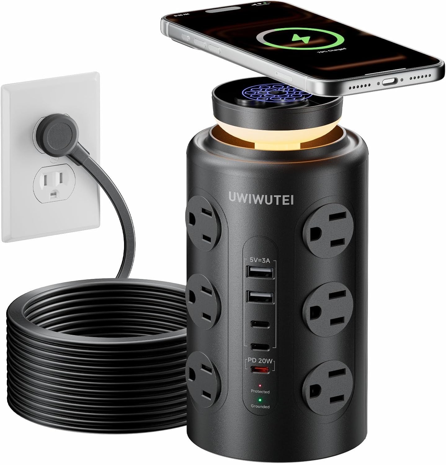Tower Power Strip Surge Protector with Wireless Charging & Night Light - PD20W F