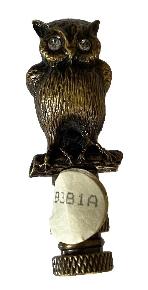 Owl Lamp Finial Aged Brass Finish Rhinestone Eyes New