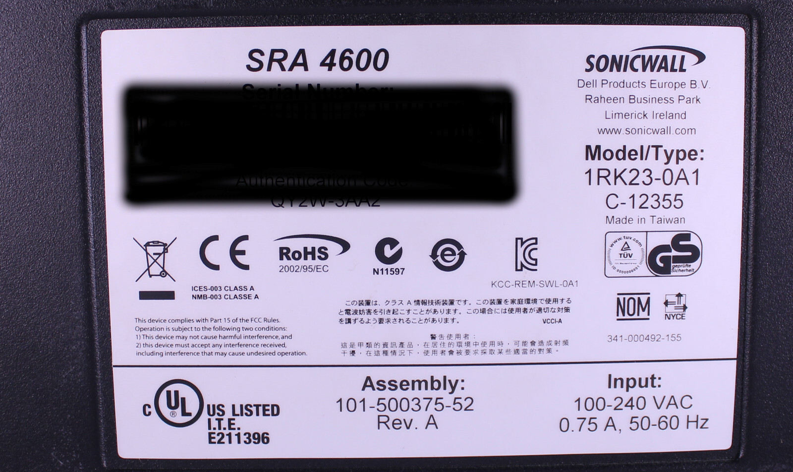 DELL SonicWALL SRA 4600 Secure Remote Access Appliance 1RK23-0A1