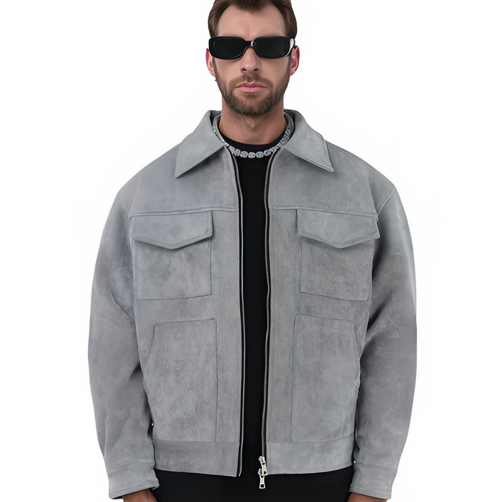 Men's Fashion Jacket Suede Men's Zipper Large Pocket Casual Turn-Down Collar