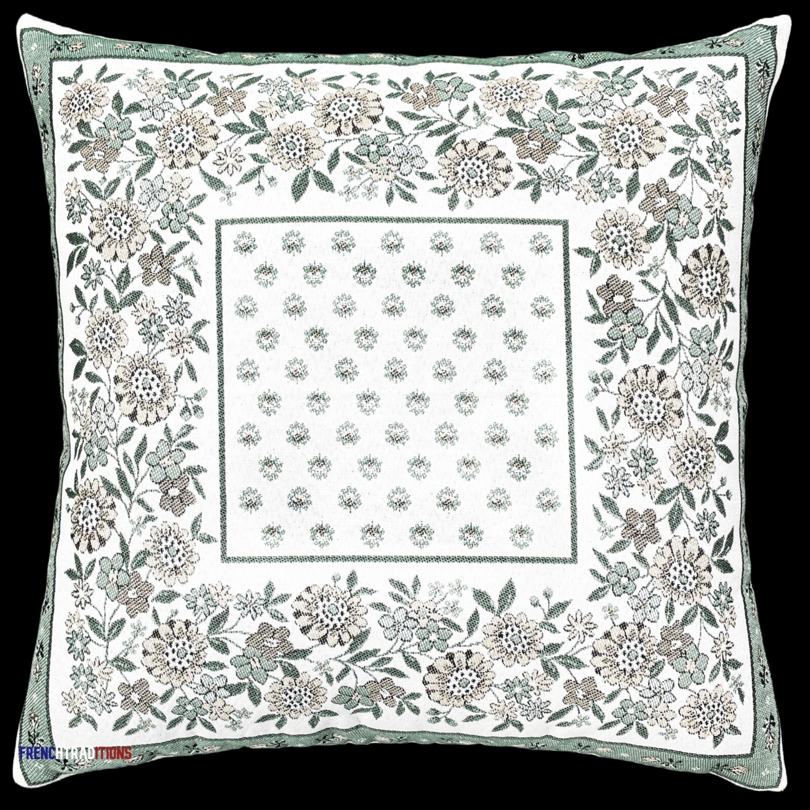 French Provencal Jacquard Woven Pillow Cover Flowers Sage Green - Made in France
