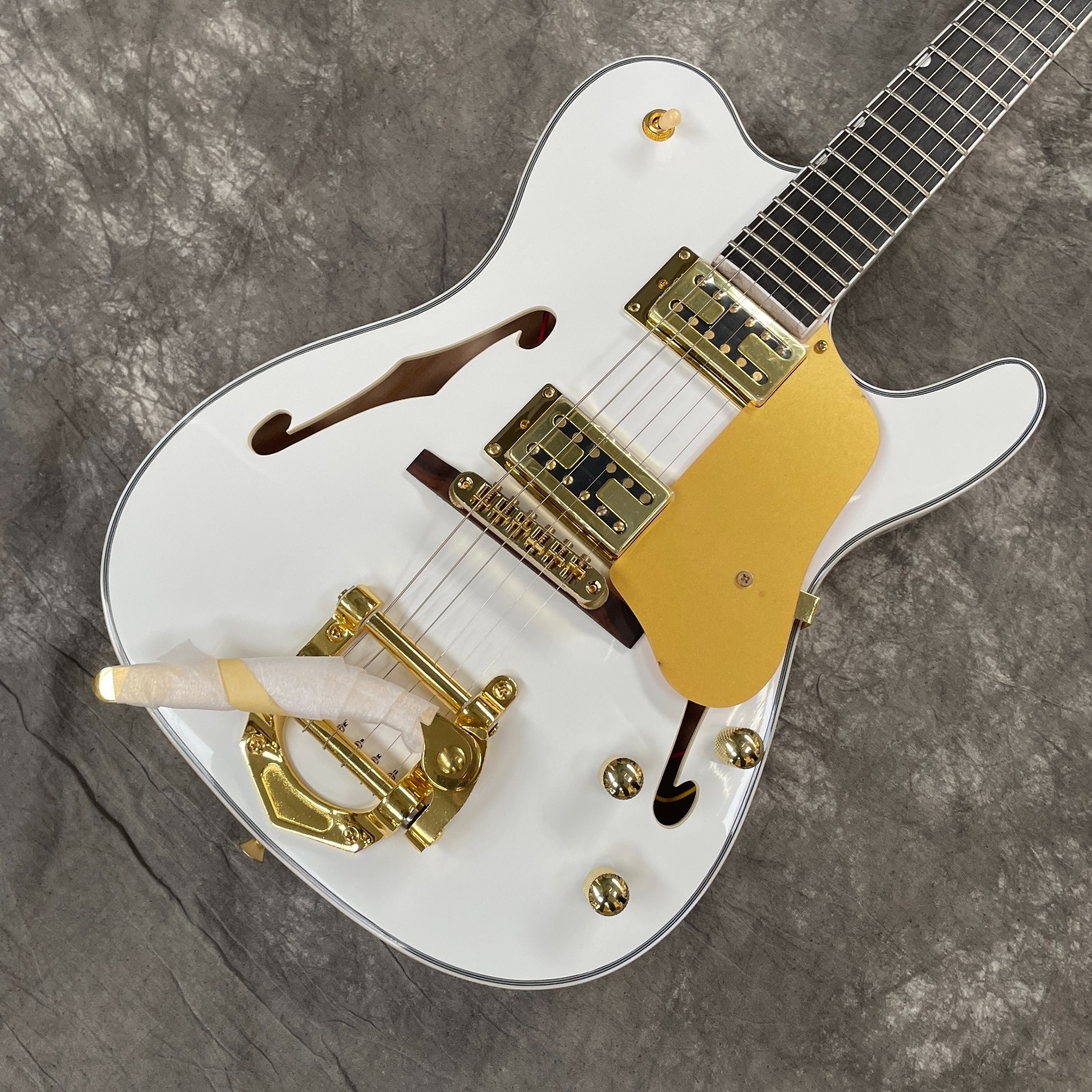 White TL Electric Guitar Hollow Body Gold Parts Maple Neck w/Bar Free Ship