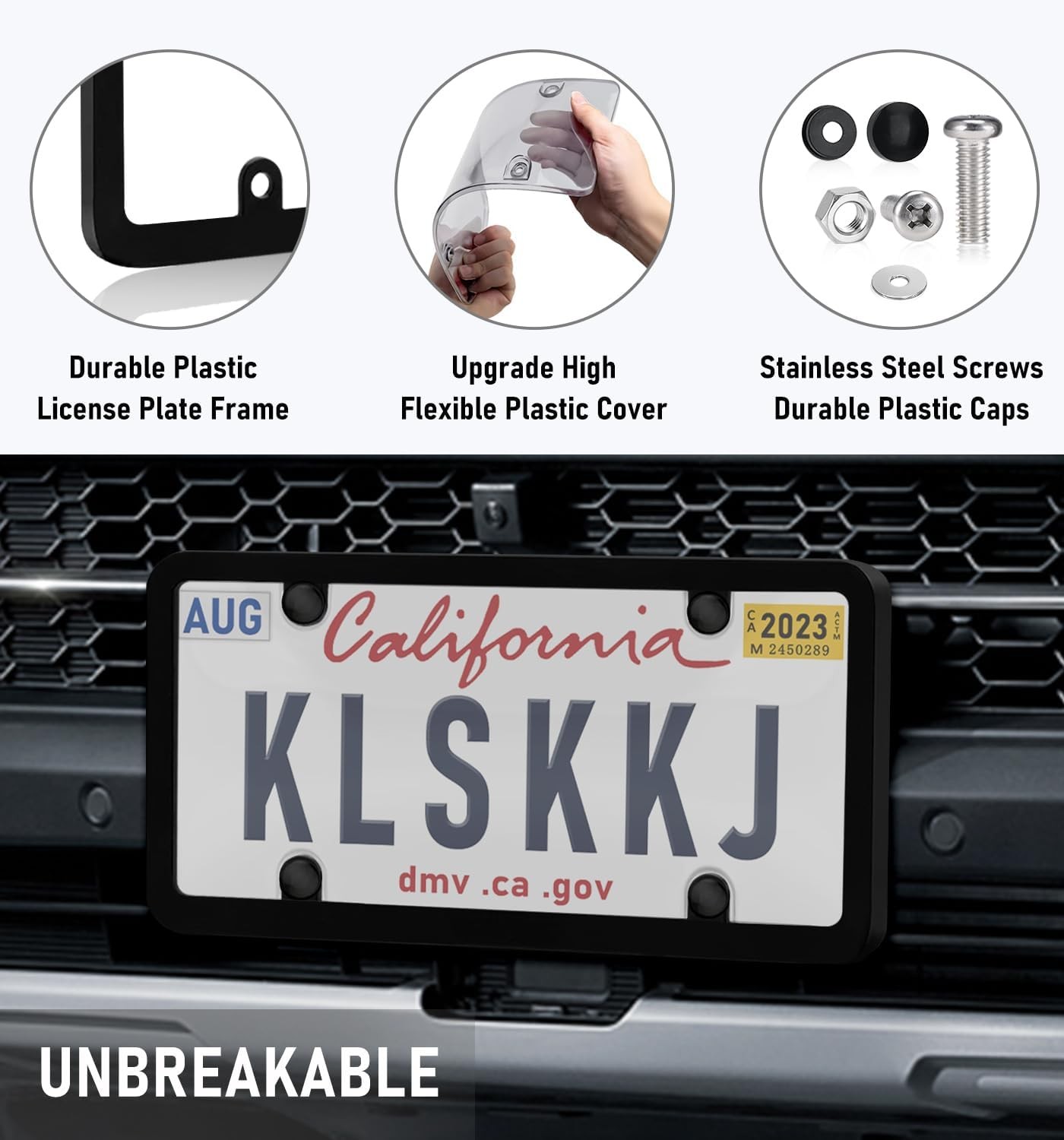 2X Unbreakable License Plate Covers+Frames Auto Tag Shield Protector Front Rear